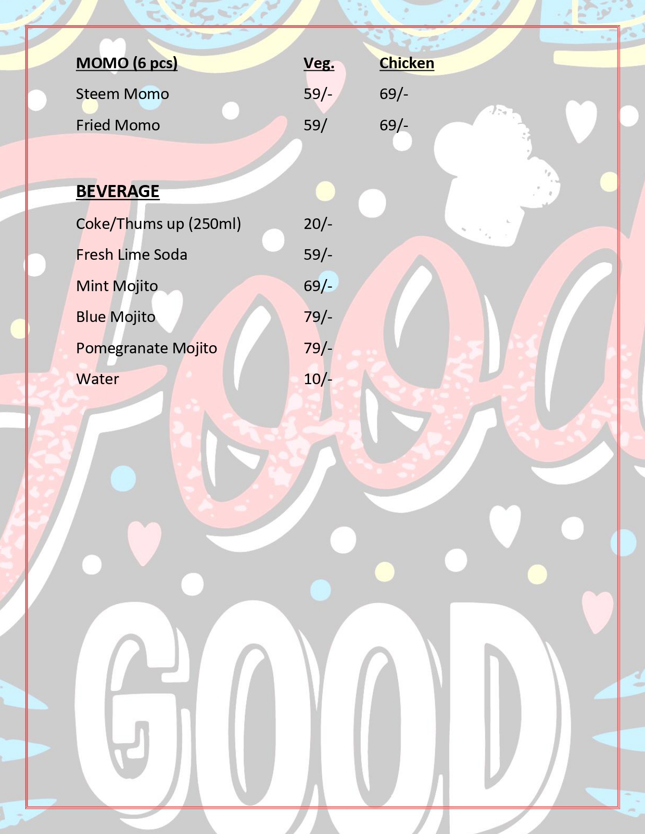 Hungry Bites 79 Menu - Momos & Beverages